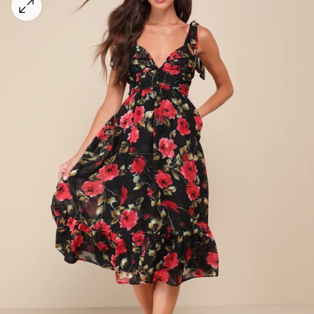 Lulu's Lush Loveliness black and red floral tie strap midi dress